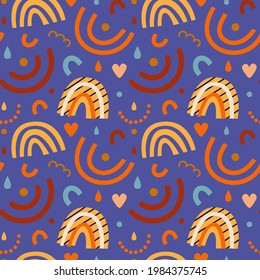 Vector illustration. Seamless pattern. Abstract rainbow, heart, drops of drops. For Nursery, Printing On Fabric, Paper. On purple background