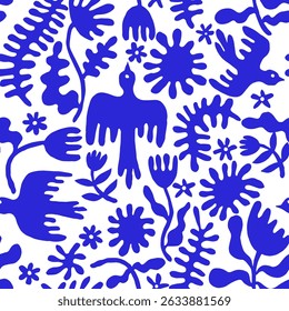 Vector illustration, seamless pattern of abstract flowers and birds, blue spots.