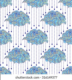 Vector illustration of seamless pattern with abstract clouds and raindrops