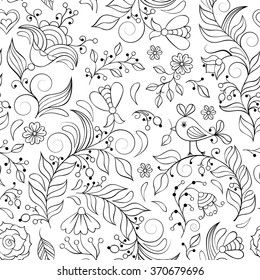 Vector illustration of seamless pattern with abstract flowers.Coloring page for adult