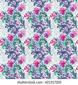 Vector illustration of seamless pattern with abstract flowers.Floral background. Seamless floral pattern in blue pink lilac green. Mehendi ornamental elements