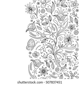 Vector illustration of seamless pattern with abstract flowers.Coloring page for adult