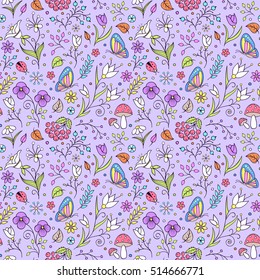 Vector illustration of seamless pattern with abstract flowers and birds.Floral background