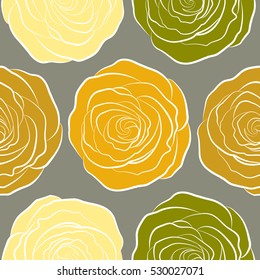 Vector illustration. Seamless pattern with abstract neutral, yellow and green stylized roses.