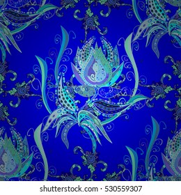 Vector illustration of seamless pattern with abstract flowers.Floral background. Blue.