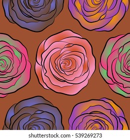 Vector illustration. Seamless pattern with abstract brown, violet and pink stylized roses.