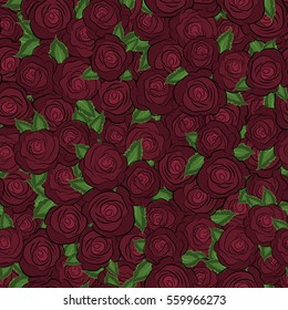 Vector illustration. Seamless pattern with abstract red stylized roses and green leaves.