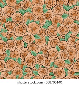 Vector illustration. Seamless pattern with abstract orange stylized roses and green leaves.