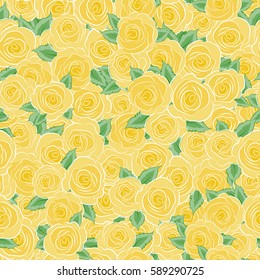 Vector illustration. Seamless pattern with abstract yellow stylized roses and green leaves.