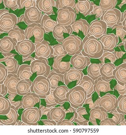 Vector illustration. Seamless pattern with abstract beige, green and brown stylized roses and green leaves.