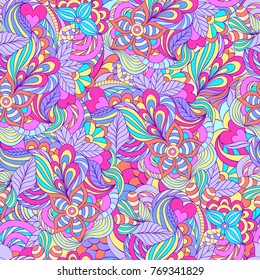 Vector illustration of seamless pattern with abstract flowers,leaves and hearts.
