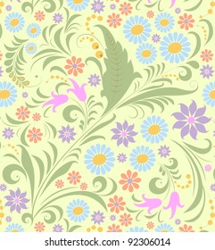 Vector Illustration of seamless pattern with  abstract colorful flowers on green background.