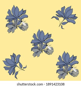 ilustración vectorial patrón sin fisuras flores azules al aire libre sobre fondo amarillo cálido,escarabajo de insectos