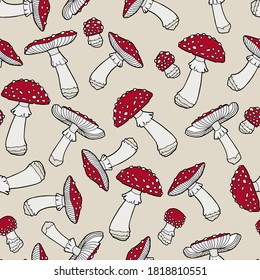 Ilustración vectorial. Patrón sin foco. Amanita. Hongos de diferentes formas y tamaños. Textura para tela y papel de envoltura.
