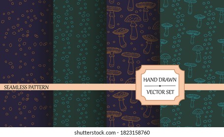 Vector illustration. Seamless pattern. Amanita. Mushrooms of various shapes and sizes. Texture for fabric and wrapping paper.