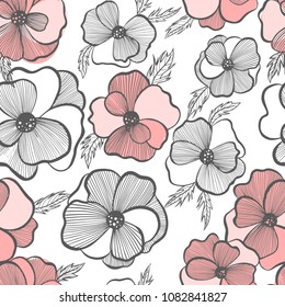 Vector illustration of a seamless pattern with anemone flowers. Background for textiles. Line art transparent background. Hand drawn nature painting. Freehand sketching illustration