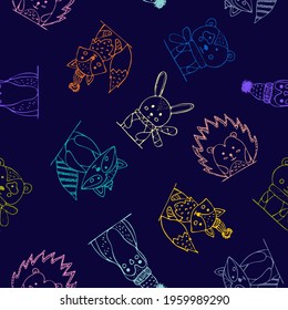 Vector illustration of a seamless pattern with animals in a childish naive style on dark blue. Forest animals pattern for fabric or children's stationery