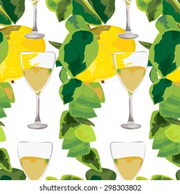 a vector illustration of seamless pattern of apple, leaves and goblets with drink