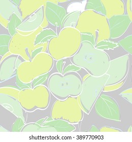 Vector illustration of seamless pattern with apples. Pale pastel linear graphic: green, yellow, white. Hand drawing. Good for textile printing.Perfect for wrapping paper, designer paper for notebooks