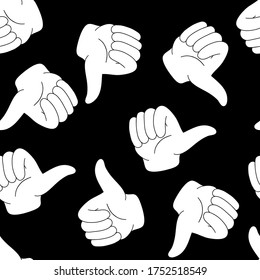 Vector illustration. Seamless pattern with arms in white gloves isolated on black background. Simple doodle line art. Social media button symbol. Perfect for poster, banner, fabric, wrapping, textile.