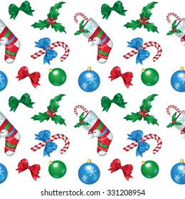 Vector illustration. Seamless pattern. Attributes of Christmas for your design: christmas decorations, christmas sock, holly, bow-knot, candy cane.