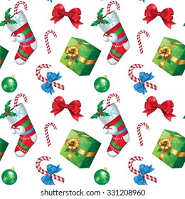 Vector illustration. Seamless pattern. Attributes of Christmas for your design christmas decorations, christmas sock, gift, holly, bow-knot, candy cane.