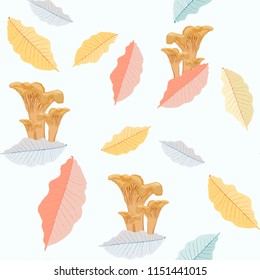 Vector illustration. Seamless pattern with autumn mushrooms and leaves. Wallpaper. Forest motive. Nature background.