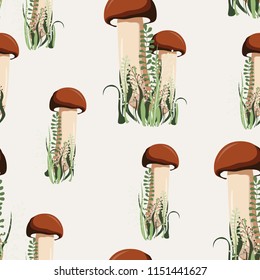 Vector illustration. Seamless pattern with autumn mushrooms and herbs. Wallpaper. Forest motive. Nature background.