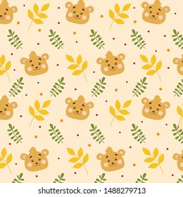 Vector illustration seamless pattern of autumn yellow leaves and brown bear head. Autumn branches and cartoon animal bear for texture and background.