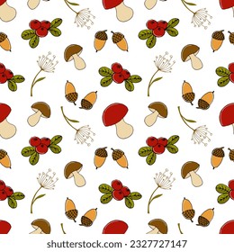 vector illustration of a seamless pattern autumn forest doodle mushrooms, cranberries and lingonberries, acorns, plant twigs on a white background. for packaging, wallpapers, textiles