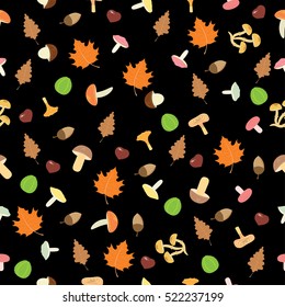 Vector illustration of seamless pattern of autumn fall leaves mushrooms and nuts