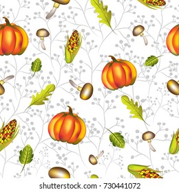 Vector and illustration seamless pattern of autumn harvest, mushroom, pumpkin, sweet corn, fallen leaves with vintage branched background