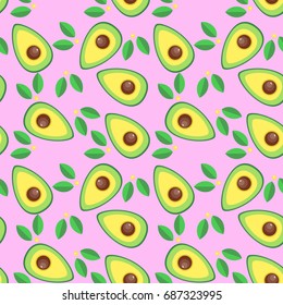Vector Illustration Seamless Pattern Of Avocado Halves / Slices In Color In Cartoon Style