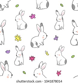 Vector illustration seamless pattern background design cute rabbit with flower on white color Decorate for spring season.Doodle cartoon style.