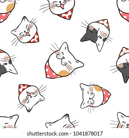 Vector illustration seamless pattern background design head of cat on white color.Doodle cartoon style.