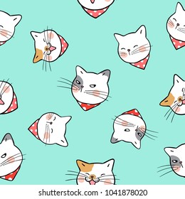 Vector illustration seamless pattern background design head of cat on green pastel.Doodle cartoon style.