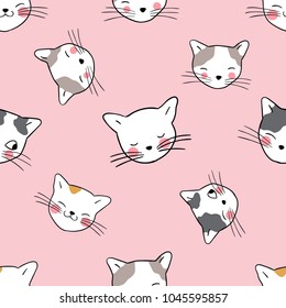 Vector illustration seamless pattern background design head of cat on pink pastel.Doodle cartoon style.