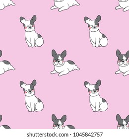 Vector illustration seamless pattern background design cute french bulldog on purple pastel.Doodle cartoon style.