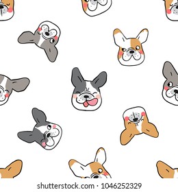 Vector illustration seamless pattern background design head of french bulldog on white color.Doodle cartoon style.