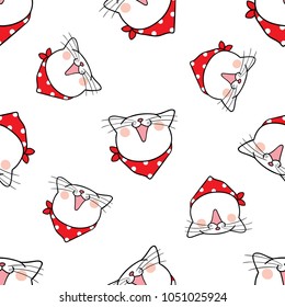 Vector illustration seamless pattern background design head of cat with red scarf.Doodle cartoon style.