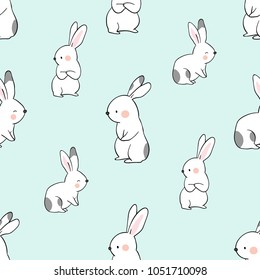 Vector illustration seamless pattern background design cute rabbit and flower on sweet pastel.Doodle cartoon style.