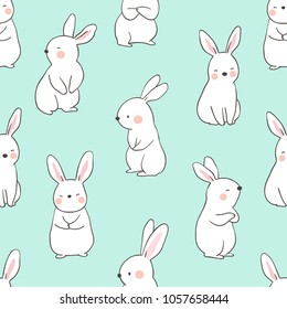 Vector illustration seamless pattern background design cute rabbit on green pastel color.Doodle cartoon style.