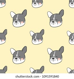 Vector illustration seamless pattern background design head french bulldog on yellow pastel.Doodle cartoon style.