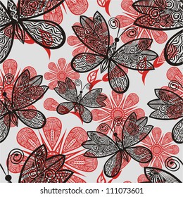 Vector illustration of seamless pattern background butterfly black and red floral ornament