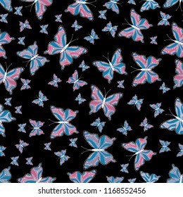 Vector illustration. Seamless pattern background. Colorful cute butterfly. Perfect for surface textures, wallpapers, web page backgrounds, textile. Pictures in black, neutral and blue colors.