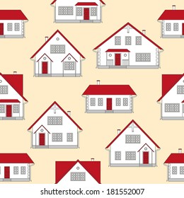 Vector illustration. Seamless pattern background with houses. House projects in white, red, grey colors on a yellow background. Vector houses as a seamless pattern. Real estate.