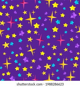 Vector illustration of a seamless pattern background on a space theme, with stars and sparks of different colors. You can apply a template, banner, background, or texture to a poster.