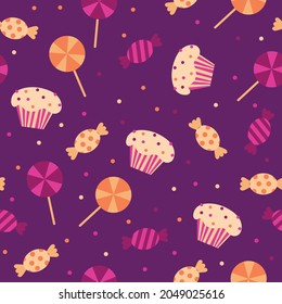 A vector illustration seamless pattern background of halloween trick or treat candies on purple