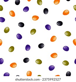 Vector illustration seamless pattern. Background of trick or treat candies. Bright candies in the traditional colors of Halloween. For print design, fabric, textile, wallpaper, wrapping paper.