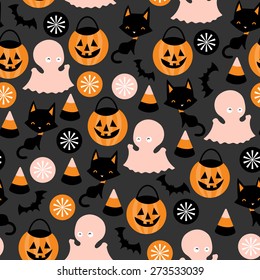 A vector illustration seamless pattern background of halloween trick or treat theme. The pattern is whimsical and be easily tile-able.